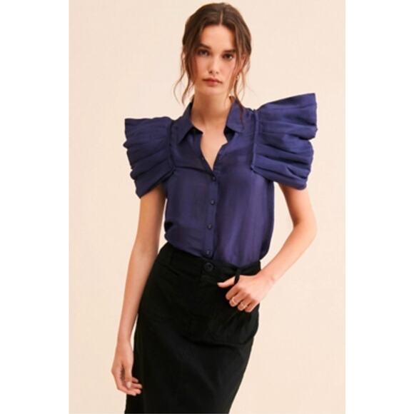 Aureta for Anthropologie Puff Sleeve Top Made with Silk and Linen - Picture 1 of 6